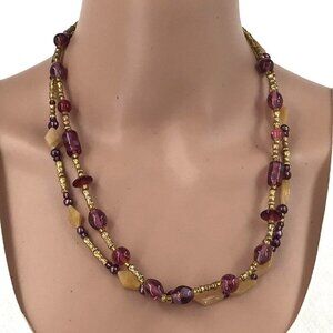 Set of 2 Beaded Necklaces Gold Tone Purple Peach Glass Natural Stone Mix